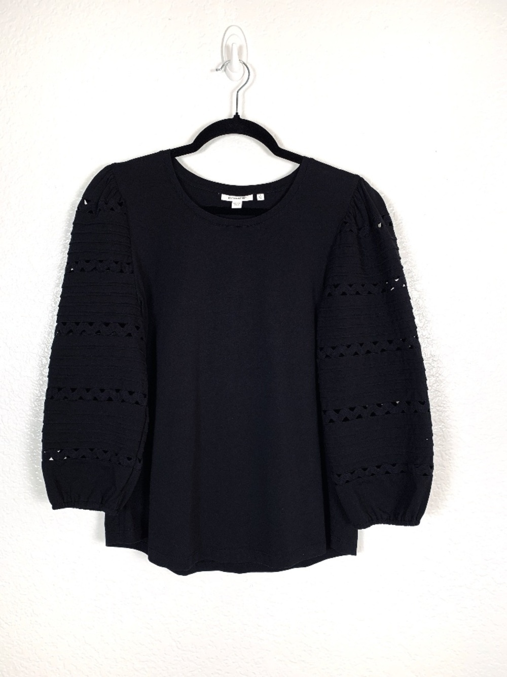Chico's Black Knit Top Ric Rac Puff Sleeve Size Medium Cotton Spandex Stretch